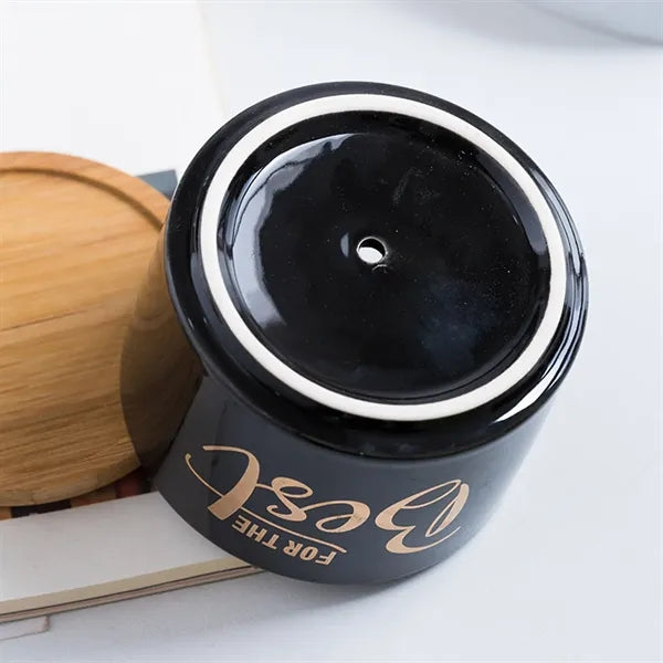 Ceramic Flower Planter Pot with Bamboo Tray