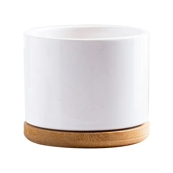 Ceramic Flower Planter Pot with Bamboo Tray
