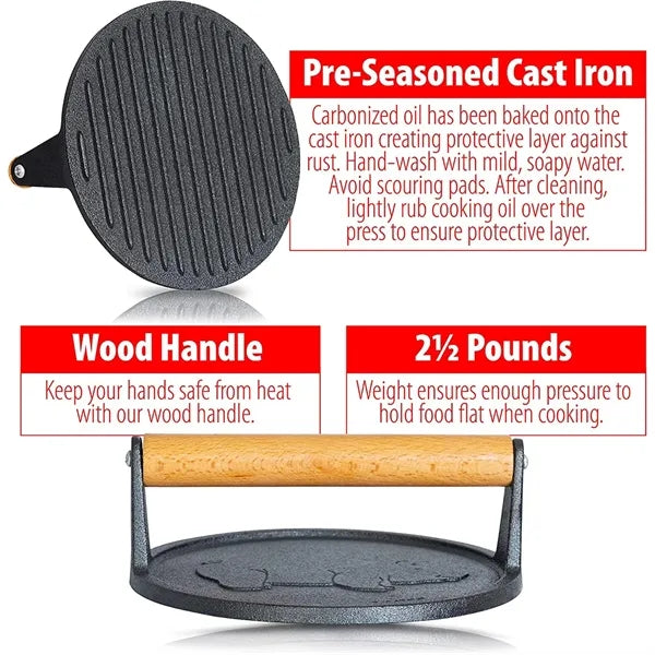 7-Inch Preseasoned Cast Iron Bacon Press