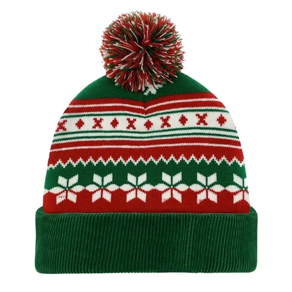 Knitted Acrylic Cuff Winter Beanie with Pom