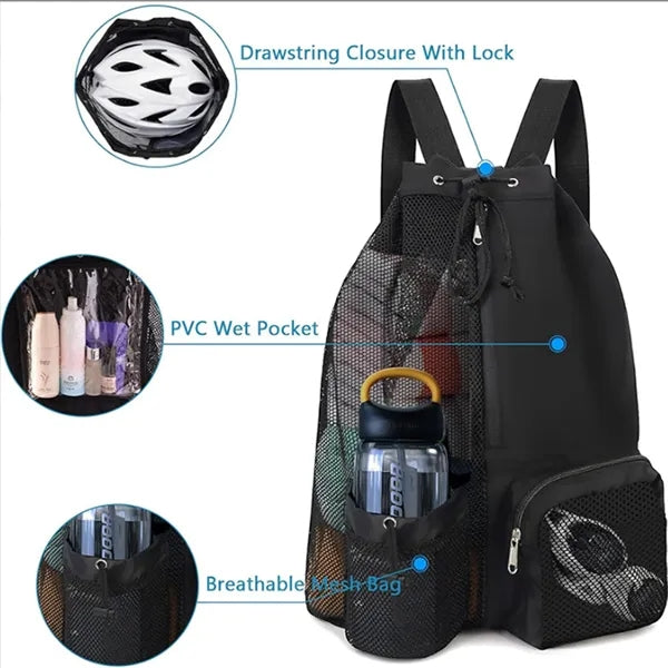 Mesh Drawstring Swim Bag With Wet Pocket For Beach Gym Gear