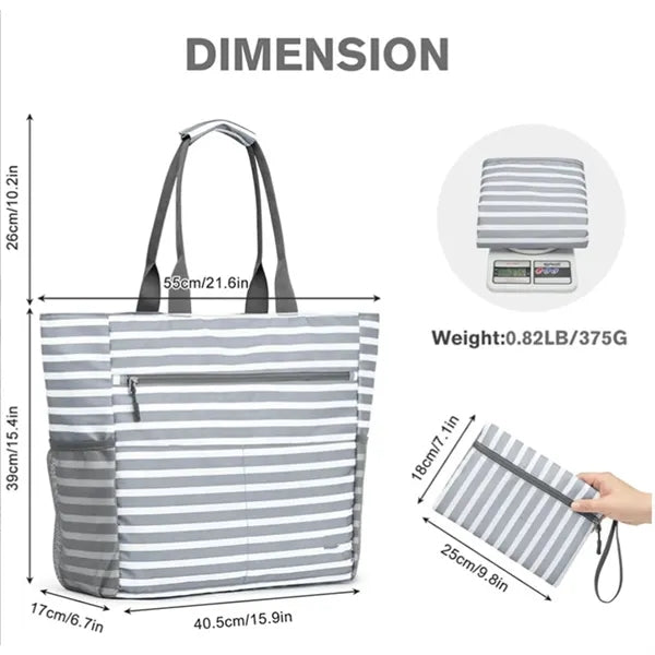Large Waterproof Beach Tote Bag With Zipper Pouch Pockets