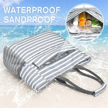 Large Waterproof Beach Tote Bag With Zipper Pouch Pockets