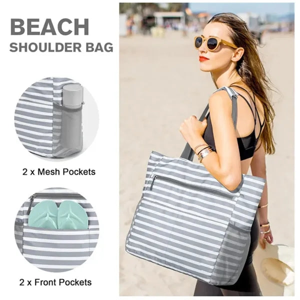 Large Waterproof Beach Tote Bag With Zipper Pouch Pockets