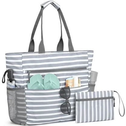 Large Waterproof Beach Tote Bag With Zipper Pouch Pockets