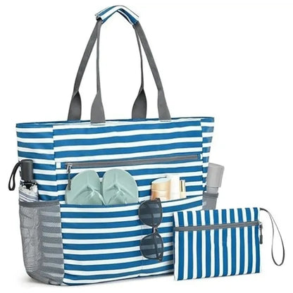Large Waterproof Beach Tote Bag With Zipper Pouch Pockets