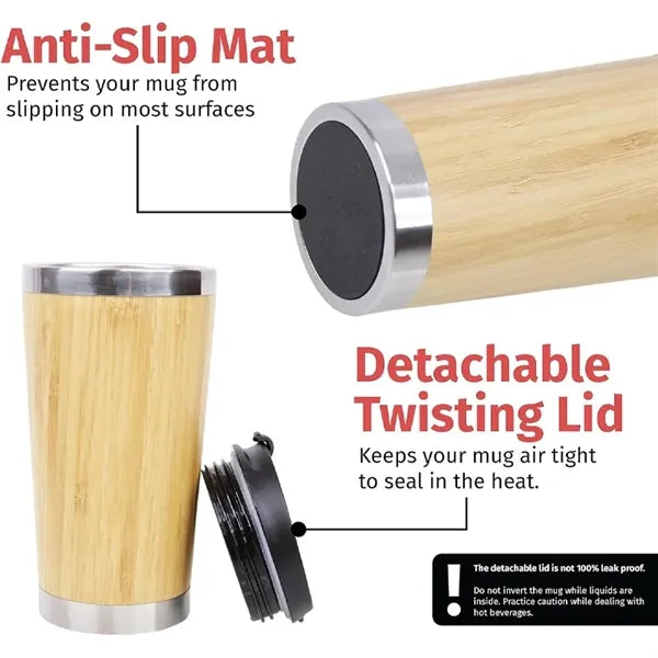 15oz Vacuum Insulated Tumbler Bamboo Mug with Removable Lid