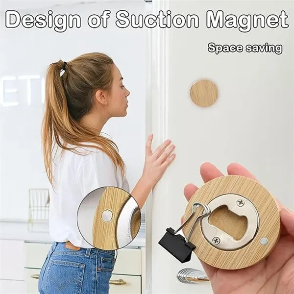 Round Wooden Fridge Magnet Beer Bottle Opener