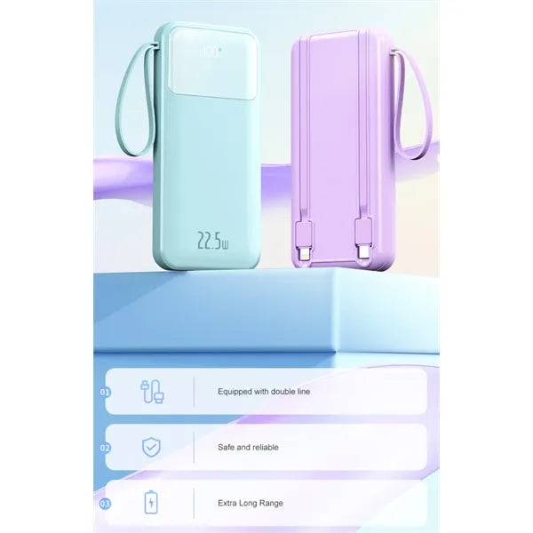 10000mAh 22.5W Power Bank with Built in detachable Cables