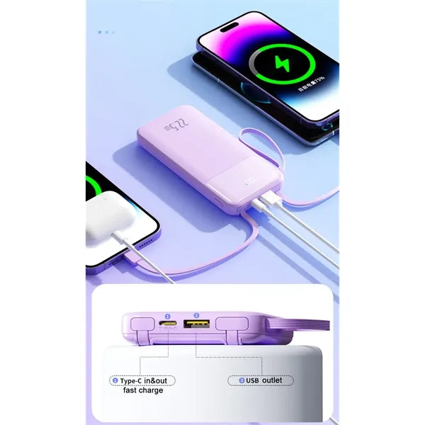 10000mAh 22.5W Power Bank with Built in detachable Cables
