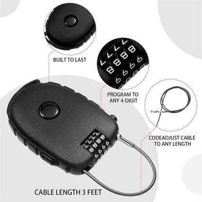 4-Digit Combination Lock with 3 Feet Cable Retractable