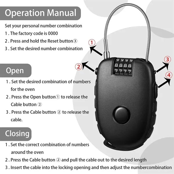 4-Digit Combination Lock with 3 Feet Cable Retractable