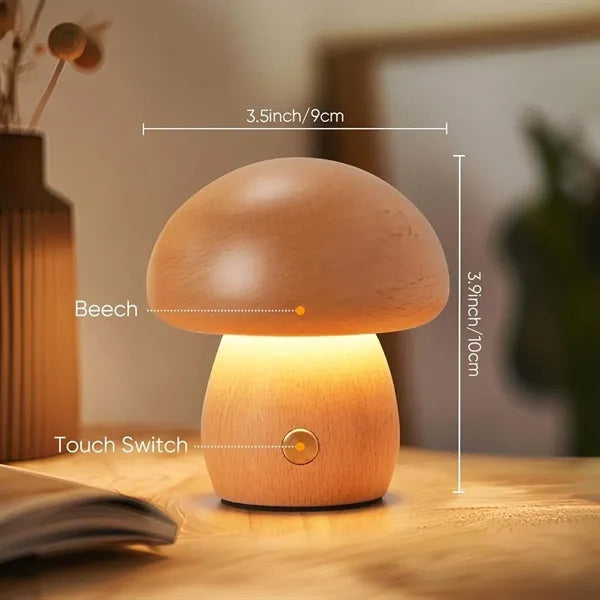 Wooden Dimmable Touch Bedroom Nightstand LED Mushroom Lamp