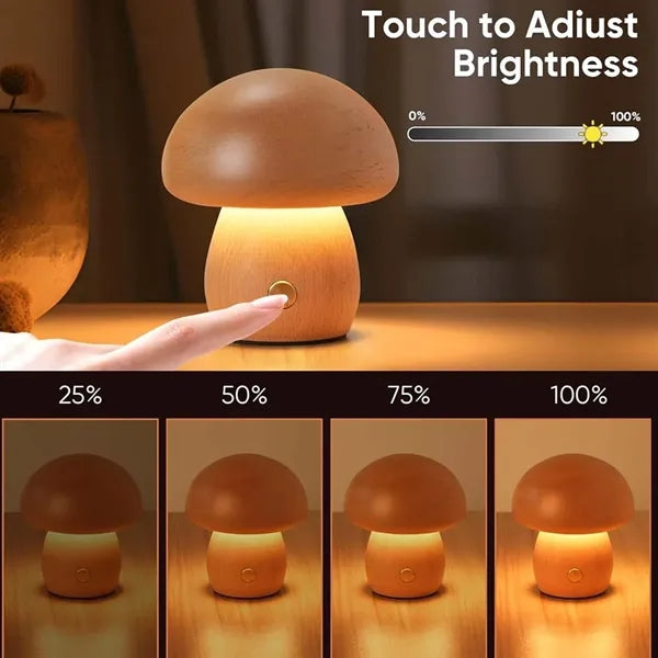 Wooden Dimmable Touch Bedroom Nightstand LED Mushroom Lamp