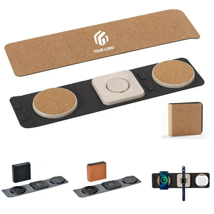 15w cork wheat straw foldable 3-in-1 wireless fast charger