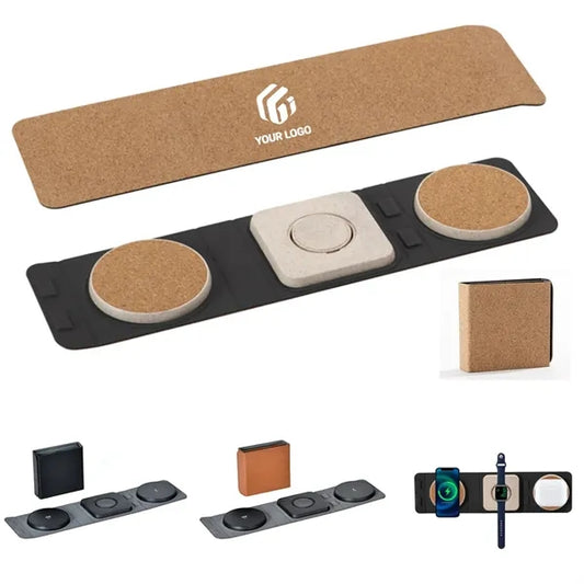 15w cork wheat straw foldable 3-in-1 wireless fast charger