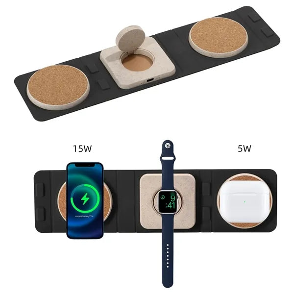 15w cork wheat straw foldable 3-in-1 wireless fast charger