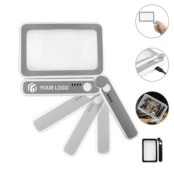 Seniors reading handheld 4X magnifying glass with light