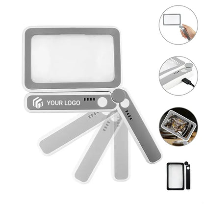 Seniors reading handheld 4X magnifying glass with light