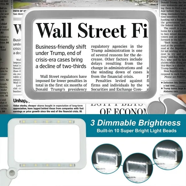 Seniors reading handheld 4X magnifying glass with light