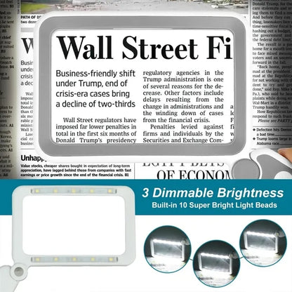 Seniors reading handheld 4X magnifying glass with light