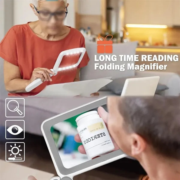 Seniors reading handheld 4X magnifying glass with light