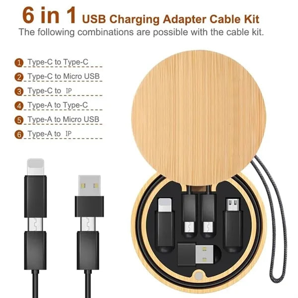 Round Bamboo Multi USB Charging Adapter Cable Kit
