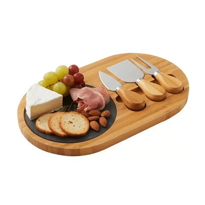 Bamboo Cheese Board Set w/ Slate Plate and Three Knife Tools