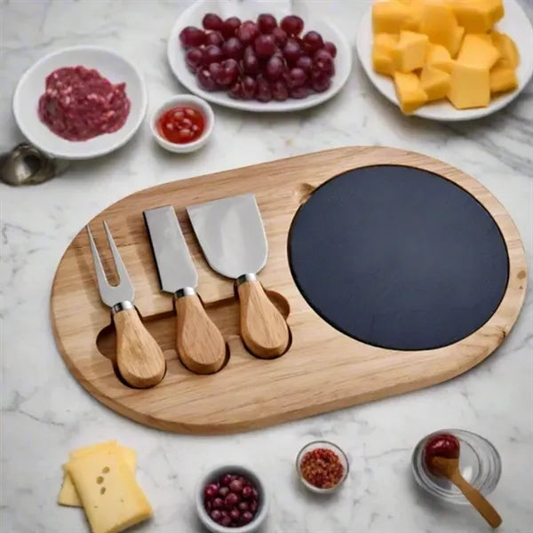 Bamboo Cheese Board Set w/ Slate Plate and Three Knife Tools