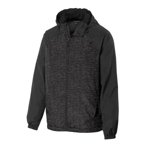 Sport-Tek Heather Colorblock Raglan Hooded Wind Jacket.