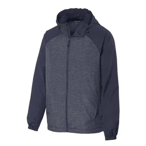 Sport-Tek Heather Colorblock Raglan Hooded Wind Jacket.