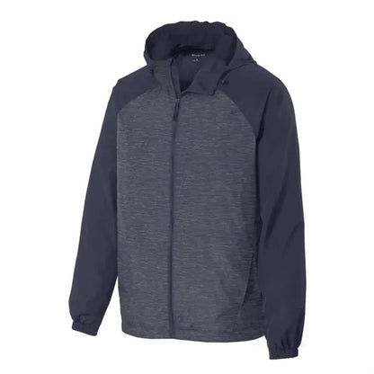 Sport-Tek Heather Colorblock Raglan Hooded Wind Jacket.