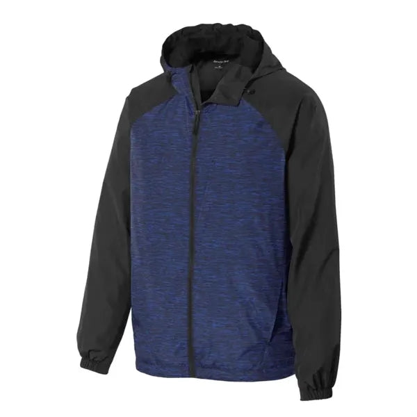 Sport-Tek Heather Colorblock Raglan Hooded Wind Jacket.