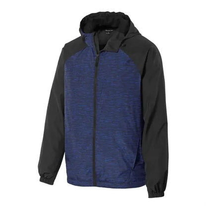 Sport-Tek Heather Colorblock Raglan Hooded Wind Jacket.
