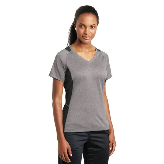 Sport-Tek Women's Heather Colorblock Contender V-Neck Tee.