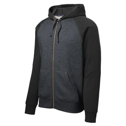 Sport-Tek Raglan Colorblock Full-Zip Hooded Fleece Jacket.