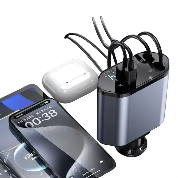15W Retractable 4-In-1 Fast Charging Car Charger Adapter