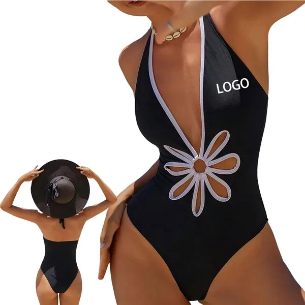 One Piece Swimsuit Deep V Neck Halter Backless Bathing Suit