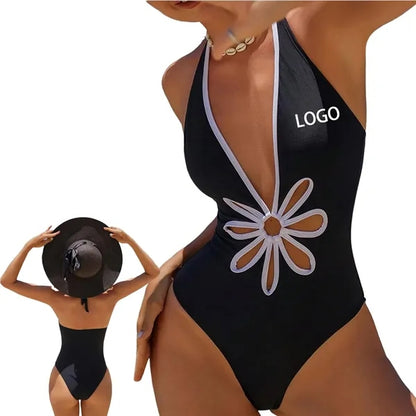 One Piece Swimsuit Deep V Neck Halter Backless Bathing Suit
