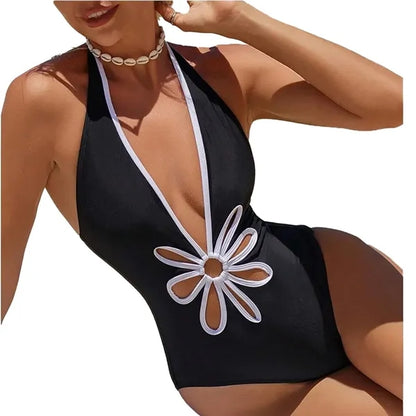 One Piece Swimsuit Deep V Neck Halter Backless Bathing Suit