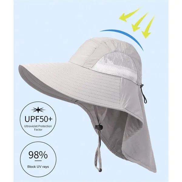 Extra wide brim bucket hat with neck flap