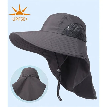 Extra wide brim bucket hat with neck flap