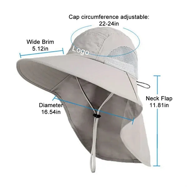 Extra wide brim bucket hat with neck flap