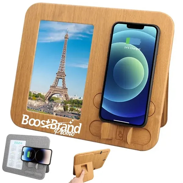 PU Eco Friendly Wood Grain Wireless Charger with Photo Frame