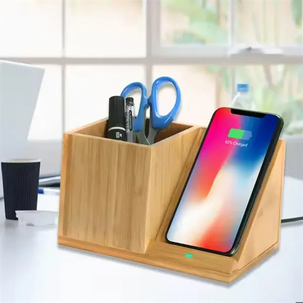 Eco Bamboo Desk Organizer w/ Wireless Charger & Phone Stand