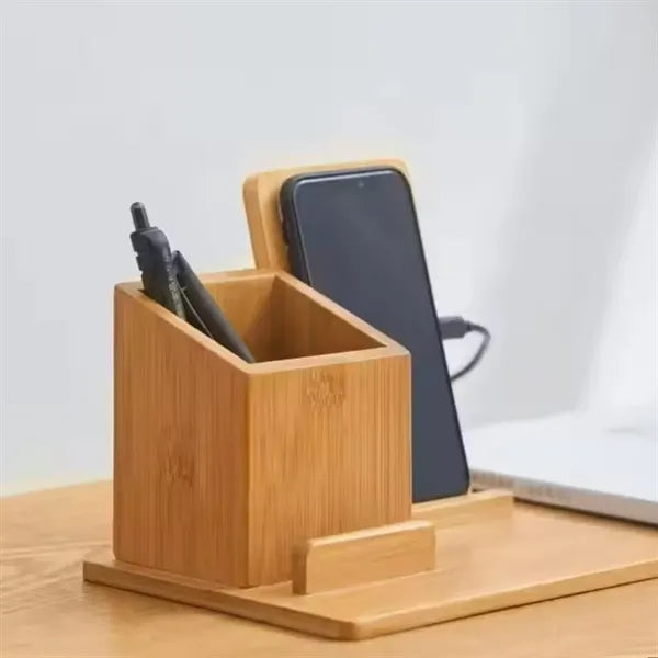 Eco Bamboo Desk Organizer w/ Wireless Charger & Phone Stand
