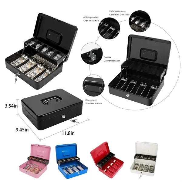 Large Metal Locking Money Box With Cash Tray