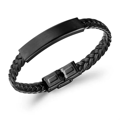 Leather Stainless Steel Bangle Bracelet