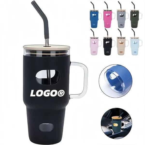 32oz Glass Straw Tumbler With Silicone Sleeve And Bamboo Lid