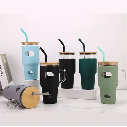 32oz Glass Straw Tumbler With Silicone Sleeve And Bamboo Lid
